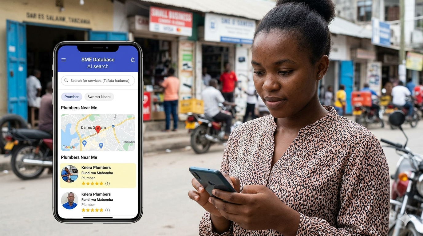 NijuzeAI business profile view showing ratings, contact info, and service details for Tanzanian businesses